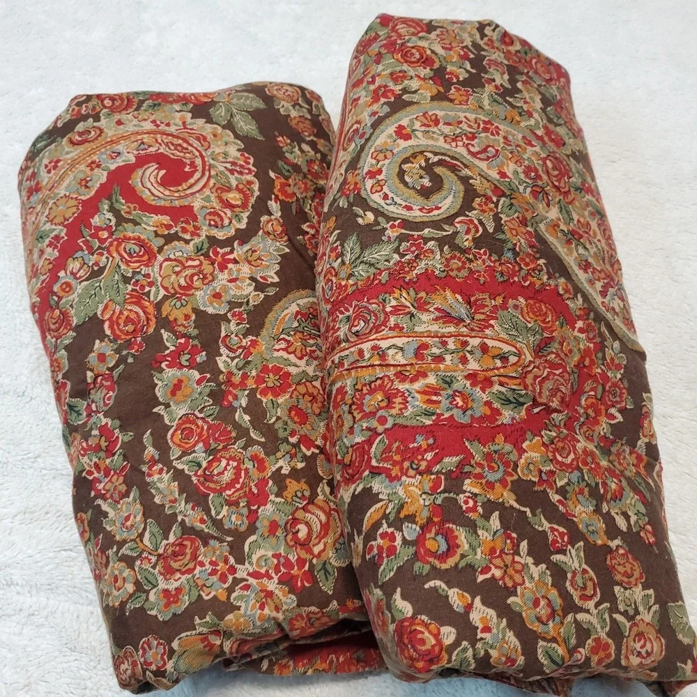Pottery Barn Carrie Red Brown Paisley Floral Linen Blend Home Pair Curtain 50x84